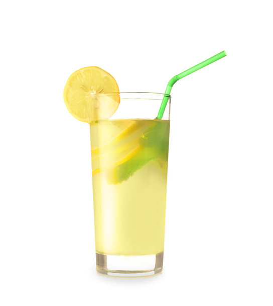 Glass of fresh lemonade on white background - Foto, afbeelding