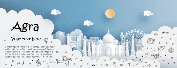 Тур і туристична реклама шаблон з поїздкою в Агра, Індія з відомими пам'ятками в стилі паперу векторної ілюстрації  - Вектор, зображення