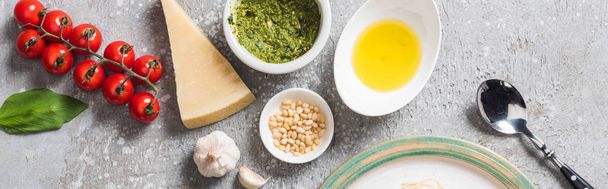 top view of Parmesan, pesto and fresh vegetables on grey surface, panoramic shot - 写真・画像