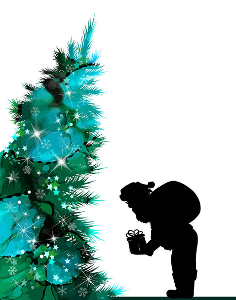 Der Weihnachtsmann legt ein Geschenk unter den Weihnachtsbaum. Frohe Weihnachten. Vektorillustration. - Vektor, Bild