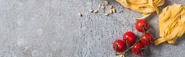top view of raw Pappardelle near tomatoes, pine nuts, Parmesan on grey surface, panoramic shot - Фото, изображение