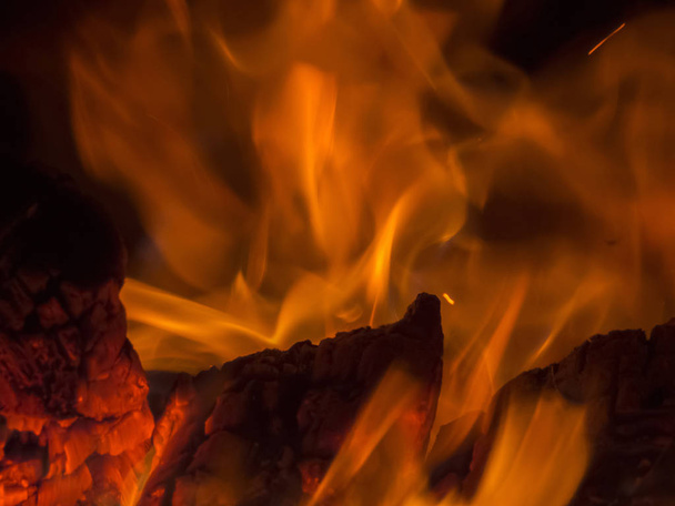 Dance of orange flames on charred logs. - Φωτογραφία, εικόνα