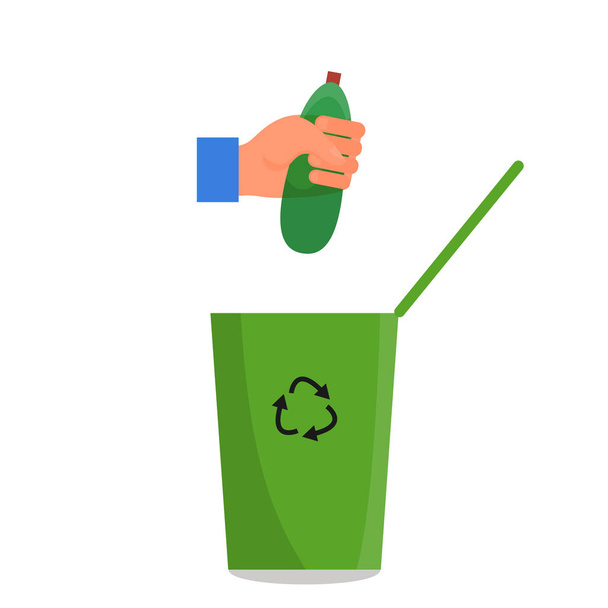 Mão humana branca segurando garrafa de plástico verde no punho sobre a lata de lixo verde. Isolado em fundo branco. vetor de estoque estilo plano
. - Vetor, Imagem