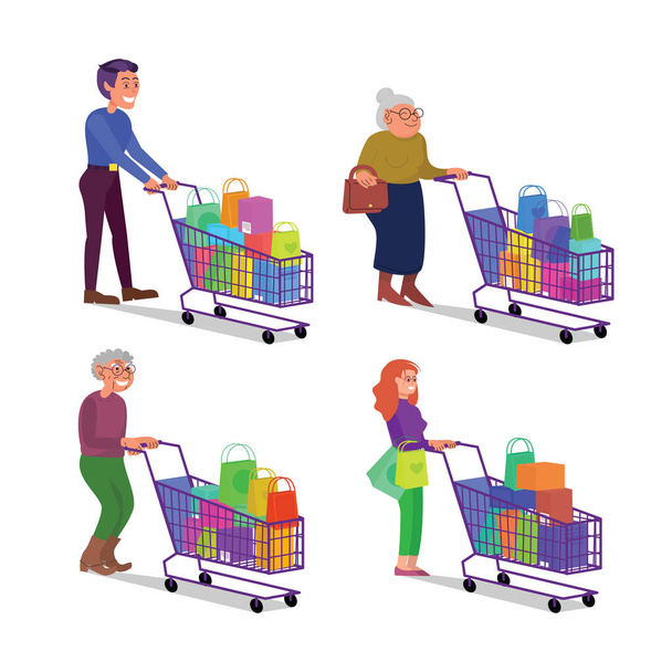Zestaw białych dorosłych i emerytowanych par spacerujących z wózkiem pełnym zakupów. Szczęśliwy uśmiechnięty mężczyzna i kobieta w sklepie. Płaski styl ilustracja wektor akcji, izolowane na białym tle - Wektor, obraz