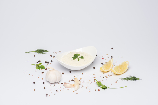 Tzatziki sauce in bowl with ingredients and spices on white background - Photo, Image