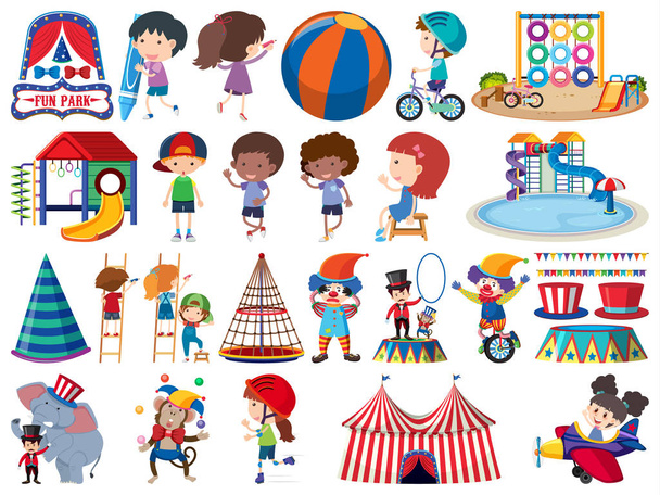 Μεγάλο σύνολο απομονωμένων αντικειμένων των παιδιών και του τσίρκου - Διάνυσμα, εικόνα