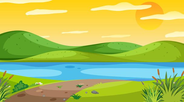 Nature scene with river at sunset - Vector, Image