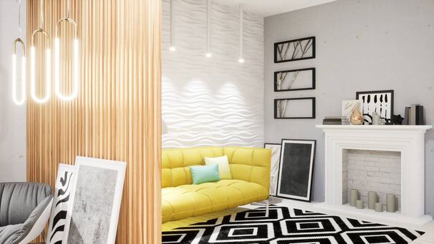 Modern design living room interior in Scandinavian style . 3D rendering - Photo, Image