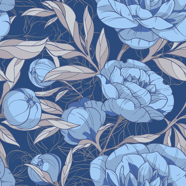 blue and gray peonies, floral seamless vector pattern. Flowers on a dark blue background. Winter Russian style, gzhel - Вектор,изображение