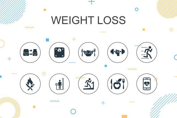 Инфографический шаблон для снижения веса. Тонкая линия дизайна с масштабом тела, здоровое питание, тренажерный зал, иконы диеты
 - Вектор,изображение