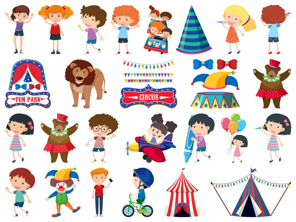 Μεγάλο σύνολο απομονωμένων αντικειμένων των παιδιών και του τσίρκου - Διάνυσμα, εικόνα