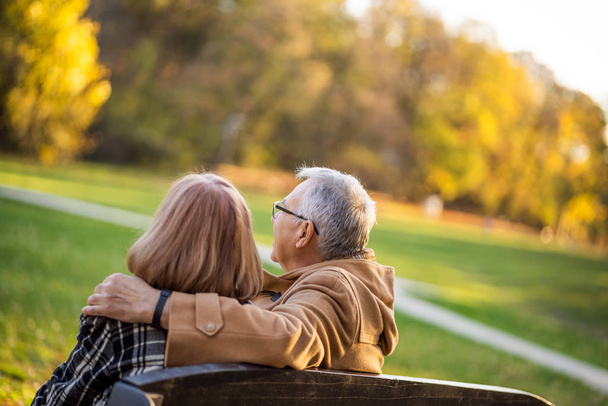 Романтическая старшая пара сидит на скамейке в парке и наслаждается осенью
. - Фото, изображение