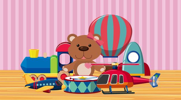 Many cute toys on wooden floor - Vector, Image