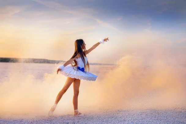 Tender young ballerina dancer in a snow-white tutu dress and white pointe shoes in pink smoke.  on a salty dried lake. Fantastic landscape and a girl  ballerina - Foto, afbeelding
