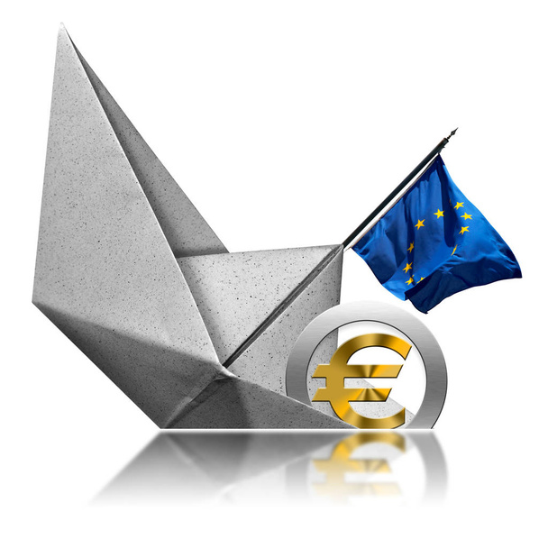 Euro-Währungssymbol sinkt an Bord eines Papierschiffes - Rezessionskonzept  - Foto, Bild