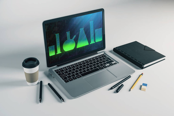 Laptop closeup with laboratory flasks drawing on computer screen. Education concept. 3d rendering. - 写真・画像