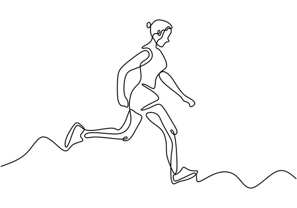 Continuous one line drawing of girl running minimalism vector sport theme. Hand drawn minimalist design of woman athlete. - Wektor, obraz