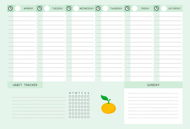 Week timetable and habit tracker with tangerine flat vector template. Calendar design with citrus cartoon illustration. Personal tasks organizer blank page for planner - Vector, Image