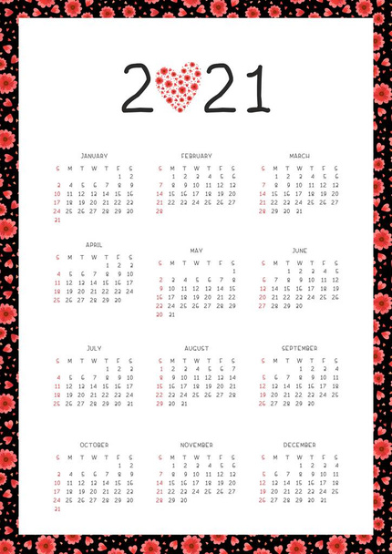 2021 Jahr Blumenstil Kalender flache Vektorvorlage. Rote Blumen und Herzen flache Vektorillustrationen auf schwarzem Hintergrund. Kalenderdesign mit botanischen Vektorillustrationen - Vektor, Bild