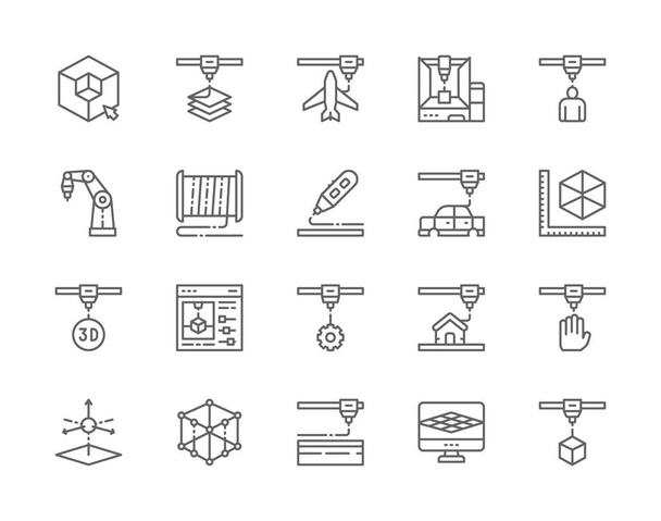 Set von 3D-Druckzeilensymbolen. Industriedrucker, Kunststoffgarnrollen und mehr - Vektor, Bild