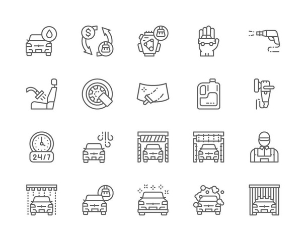 Conjunto de iconos de la línea de lavado de coches. Máquina de pulir, cerradura de rueda, parabrisas y más
. - Vector, Imagen