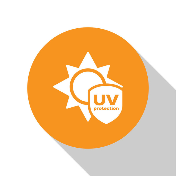 White UV protection icon isolated on white background. Sun and shield. Ultra violet rays radiation. SPF sun sign. Orange circle button. Vector Illustration - Vector, Image