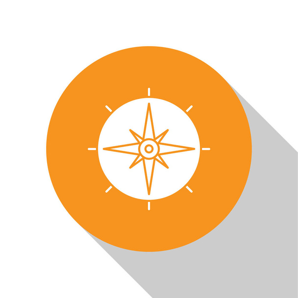 White Wind rose icon isolated on white background. Compass icon for travel. Navigation design. Orange circle button. Vector Illustration - ベクター画像
