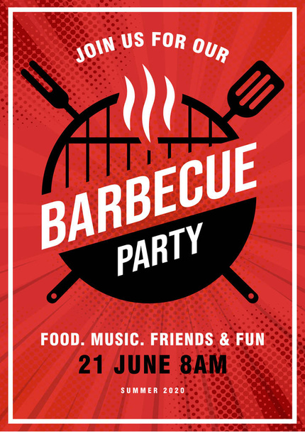 Mooie vector barbecue party uitnodiging ontwerpsjabloon. Trendy BBQ-cookout posterontwerp met klassieke houtskool grill, vork, koken peddel en voorbeeldtekst. - Vector, afbeelding