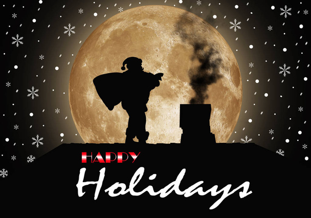Silhouette of Santa Claus on the roof of the house against the background of the full moon. - 写真・画像