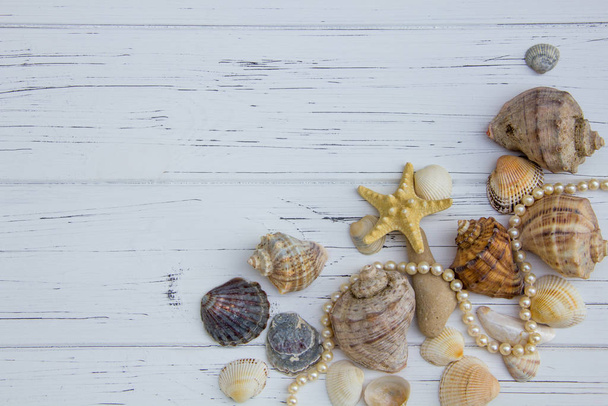 Wystrój morski. muszelki rozgwiazdy perły na jasnym drewnianym tle - Zdjęcie, obraz
