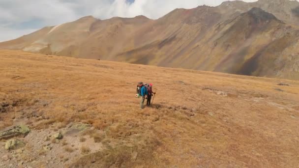 Aerial view of a couple of travelers man and woman with large backpacks in hats and sunglasses stand on alpine plateau surrounded by epic mountains - Footage, Video