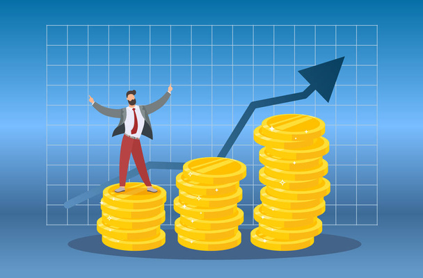 Finance performance of return on investment ROI concept with arrow. Increase and income. Vector illustration with character. Symbol of profit growth. - Vector, Image