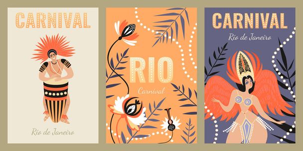 Conjunto de bandeiras para o carnaval do Rio de Janeiro com personagens engraçados de uma dançarina e baterista com flores exóticas no fundo
. - Vetor, Imagem