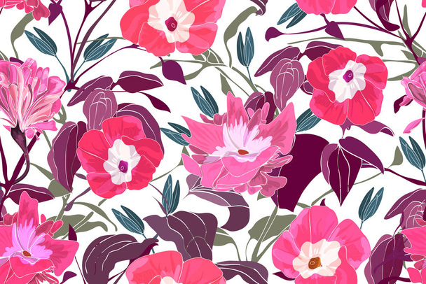 Art floral vector seamless pattern. Pink morning glory flowers, branches and leaves. Vector garden flowers isolated on white background. Endless pattern for wallpaper, fabric, textiles, accessories. - Vektor, Bild