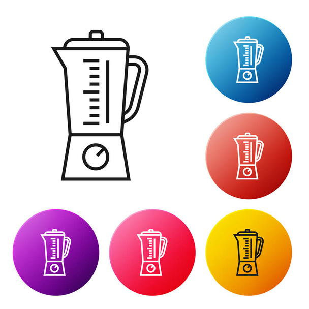 Černá čára Blender ikona izolované na bílém pozadí. Elektrický stacionární kuchyňský mixér s miskou. Vaření koktejlů, koktejlů nebo džusů. Nastavte barevná tlačítka kružnice. Vektorová ilustrace - Vektor, obrázek