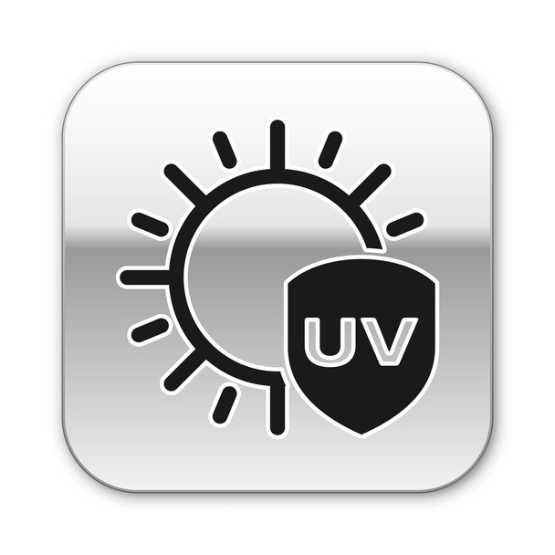 Icono de protección UV negro aislado sobre fondo blanco. Sol y escudo. Radiación ultravioleta. Señal solar SPF. Botón cuadrado plateado. Ilustración vectorial
 - Vector, imagen