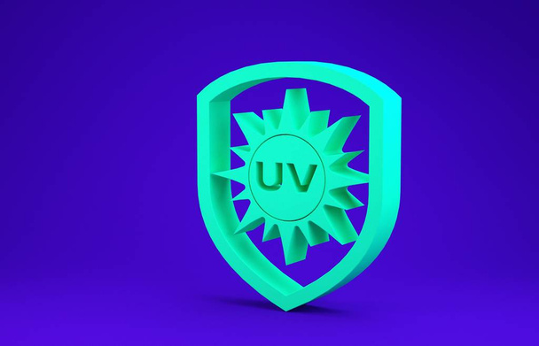 Icône de protection UV verte isolée sur fond bleu. Soleil et bouclier. Rayonnement ultraviolet. Panneau solaire SPF. Concept de minimalisme. Illustration 3D rendu 3D
 - Photo, image