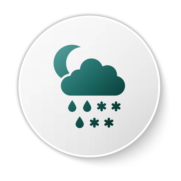 Zielona chmura ze śniegiem, deszczem i ikoną księżyca na białym tle. Ikona pogody. Biały przycisk koła. Ilustracja wektora - Wektor, obraz