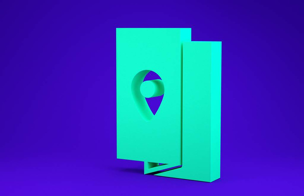 Ícone de guia de viagem livro capa verde isolado no fundo azul. Conceito de minimalismo. 3D ilustração 3D render
 - Foto, Imagem