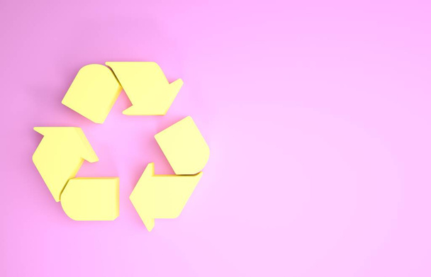 Keltainen Kierrätä symboli kuvake eristetty vaaleanpunainen tausta. Pyöreä nuoli kuvake. Ympäristö kierrätettävä vihreäksi. Minimalismin käsite. 3d kuva 3D renderöinti - Valokuva, kuva