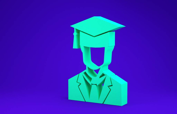 Mavi arka planda cübbe ve mezuniyet şapkası ikonu olan yeşil erkek öğrenci profili. Minimalizm kavramı. 3d illüstrasyon 3d canlandırma - Fotoğraf, Görsel