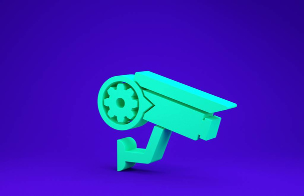 Green Security camera and gear icon isolated on blue background. Adjusting app, service concept, setting options, maintenance, repair, fixing. Minimalism concept. 3d illustration 3D render - Photo, Image