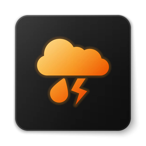 Orange glowing neon Cloud with rain and lightning icon isolated on white background. Rain cloud precipitation with rain drops.Weather icon of storm. Black square button. Vector Illustration - Vector, Image