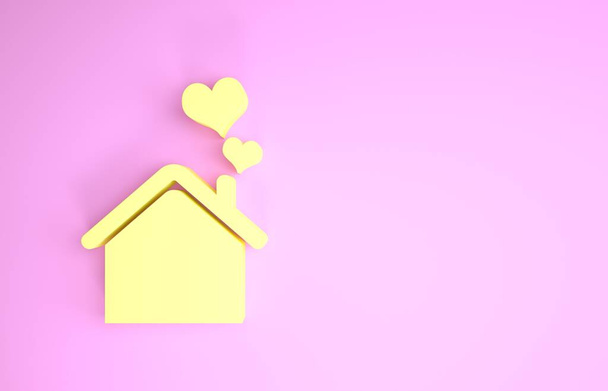 Żółty dom z ikoną kształtu serca na różowym tle. Symbol domu miłości. Rodzina, nieruchomości i nieruchomości. Koncepcja minimalizmu. Ilustracja 3d - Zdjęcie, obraz