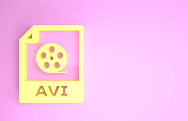 黄色のAviファイルのドキュメント。ピンクの背景に隔離されたaviボタンアイコンをダウンロードします。Aviファイルのシンボル。最小限の概念。3Dイラスト3Dレンダリング - 写真・画像