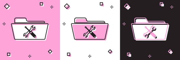 Set mappa csavarhúzóval és csavarkulcs ikon elszigetelt rózsaszín és fehér, fekete háttér. Beállítás, szerviz, beállítás, karbantartás, javítás, javítás. Vektorillusztráció - Vektor, kép