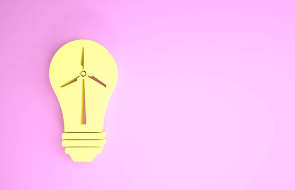 Sárga villanykörte szélturbinával, mint az ötlet a környezetbarát energiaforrás ikon elszigetelt rózsaszín alapon. Alternatív energia koncepció. Minimalizmus koncepció. 3d illusztráció 3d render - Fotó, kép