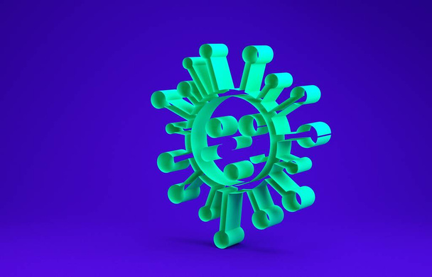 grünes Bakteriensymbol isoliert auf blauem Hintergrund. Bakterien und Keime, krankheitsverursachende Mikroorganismen, Zellkrebs, Mikroben, Viren, Pilze. Minimalismus-Konzept. 3D Illustration 3D Renderer - Foto, Bild