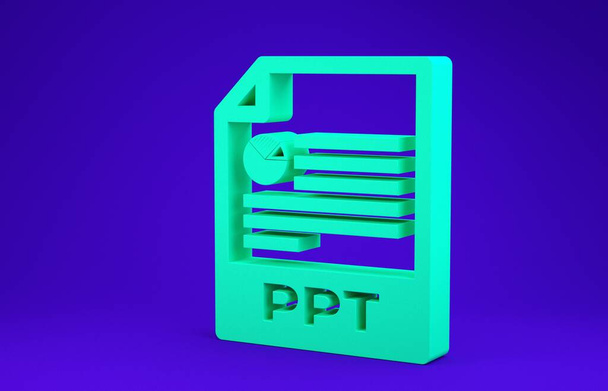 Dokument souboru Green Ppt. Stáhnout ppt ikonu tlačítka izolované na modrém pozadí. Prezentace souboru Ppt. Minimalismus. 3D ilustrace 3D vykreslení - Fotografie, Obrázek
