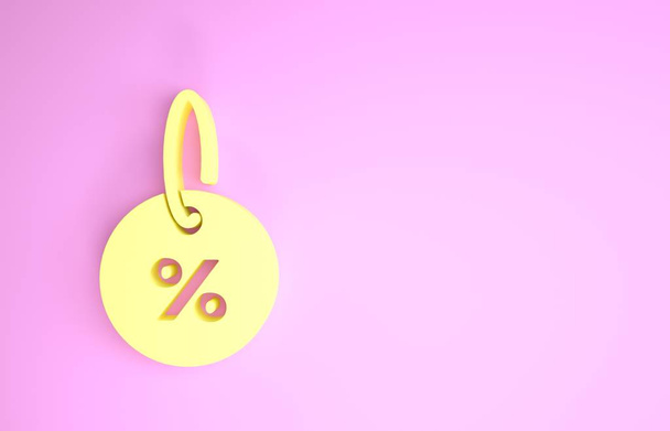 Yellow Discount percent tag icon isolated on pink background. Shopping tag sign. Special offer sign. Discount coupons symbol. Minimalism concept. 3d illustration 3D render - Photo, Image